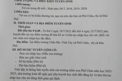 Trường Mầm Non Phổ Châu thông báo tuyển sinh năm học: 2022 – 2023