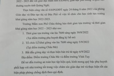 Thông báo về việc cho học sinh tựu trường năm học 2022-2023