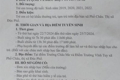 Trường Mầm non Phổ Châu thông báo tuyển sinh năm học: 2024-2025